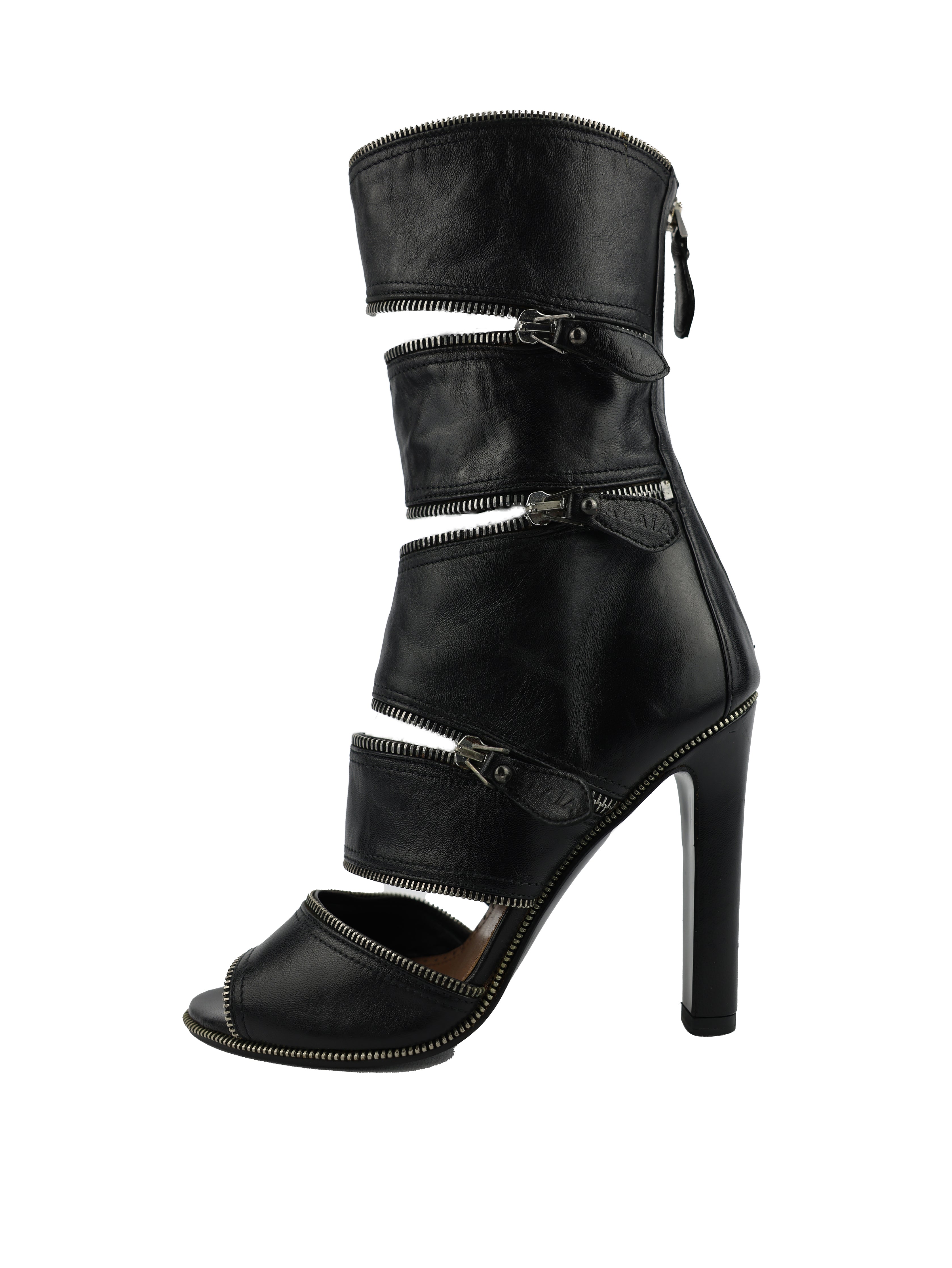 ALAIA BLACK LEATHER OPEN TOE ZIPPER ANKLE BOOTS