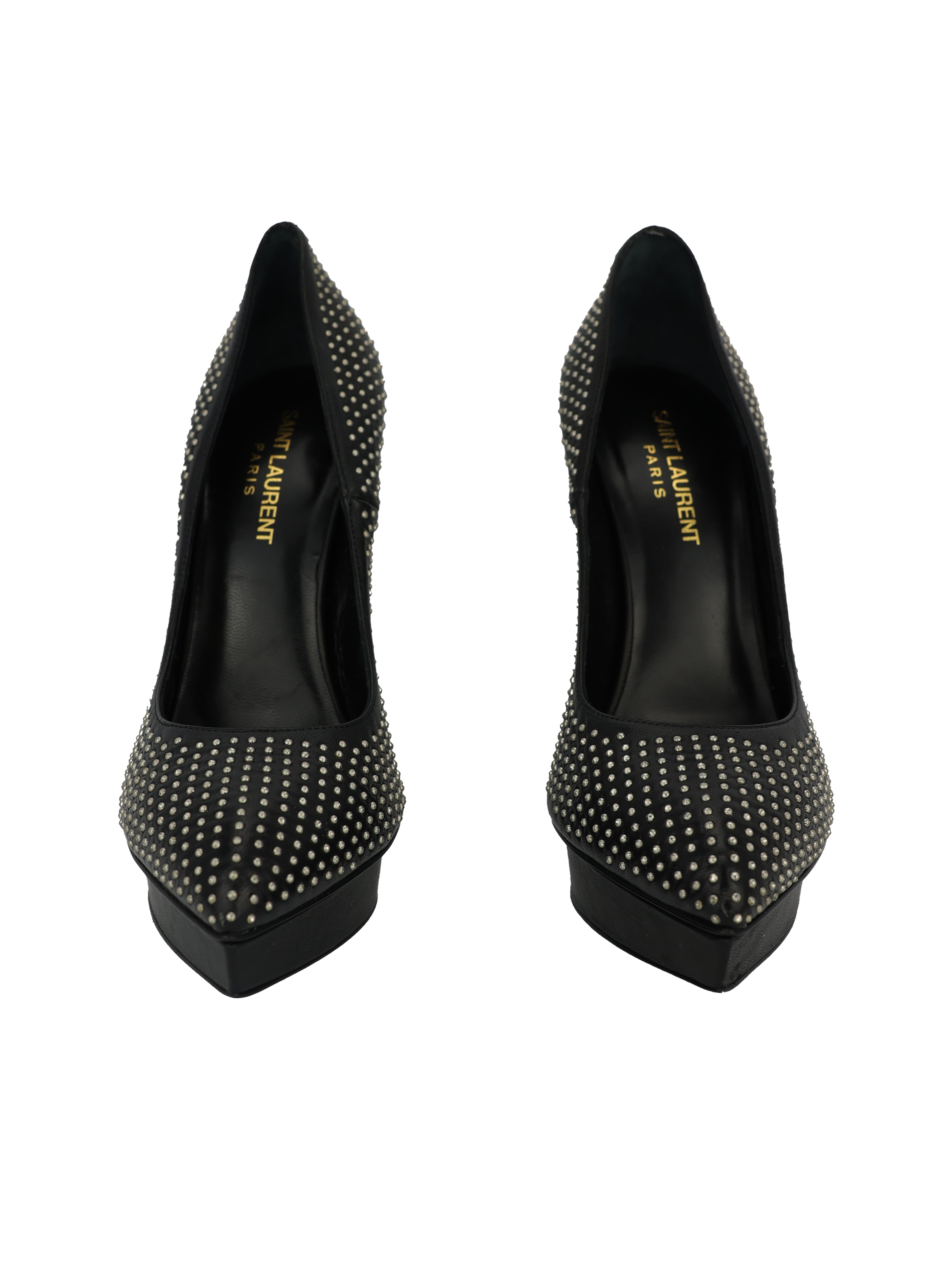 SAINT LAURENT BY HEDI SLIMANE BLACK LEATHER STUDDED POINTED TOE HEELS