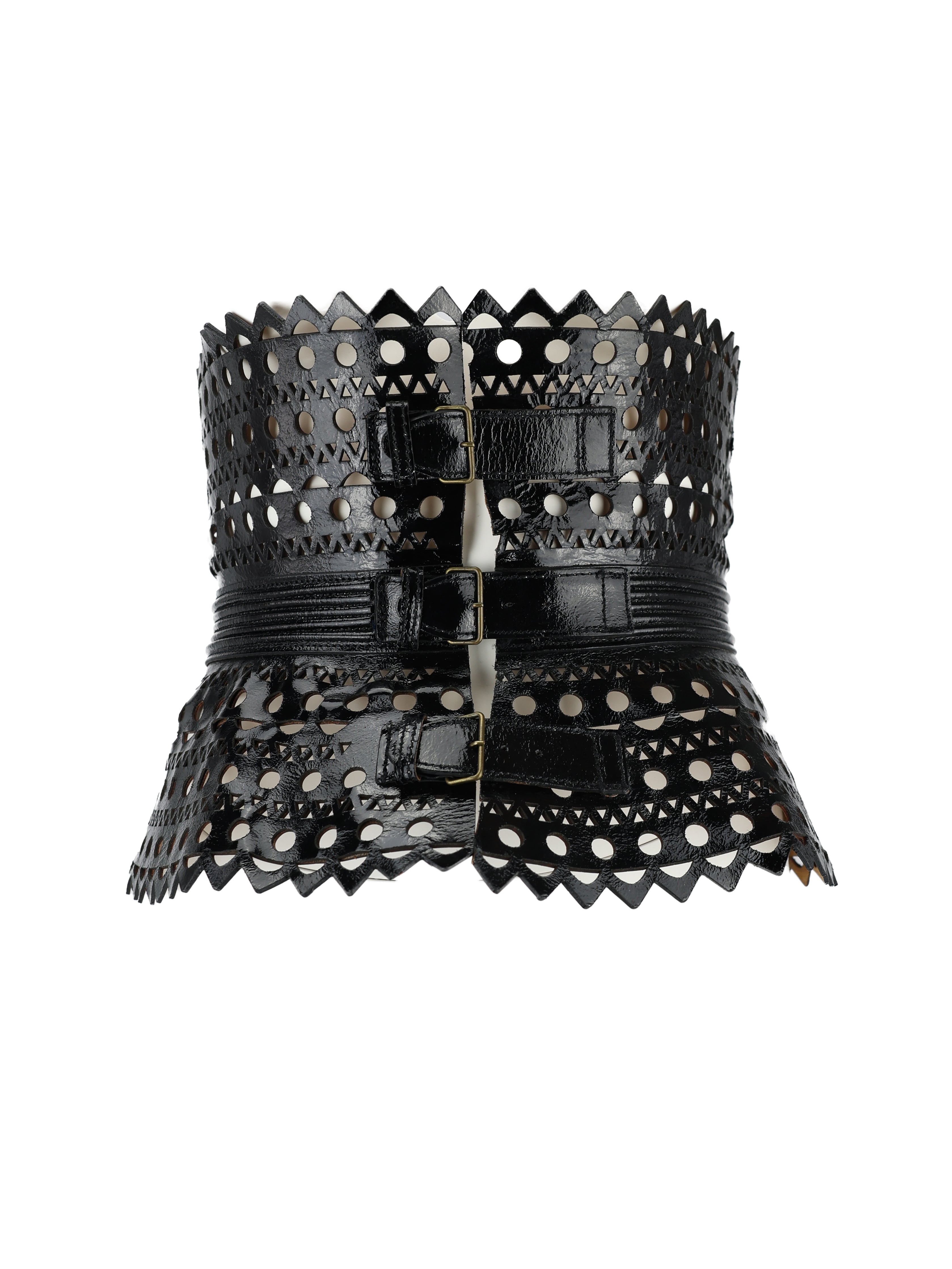 ALAIA BLACK PATENT LEATHER PERFORATED WIDE CORSET BELT