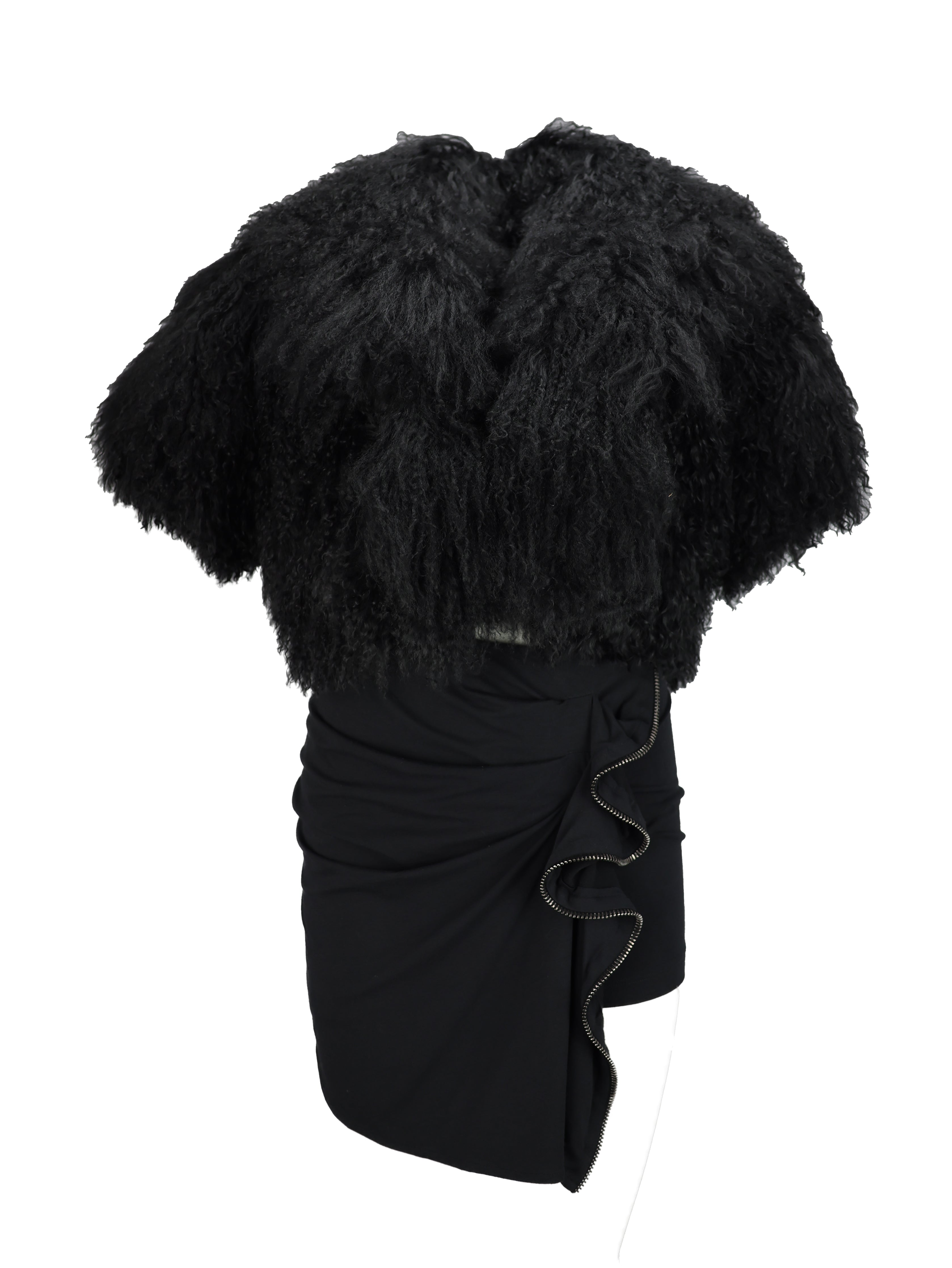 ALAIA BLACK SHORT SLEEVE MONGOLIAN LAMB FUR BOLERO + SKIRT