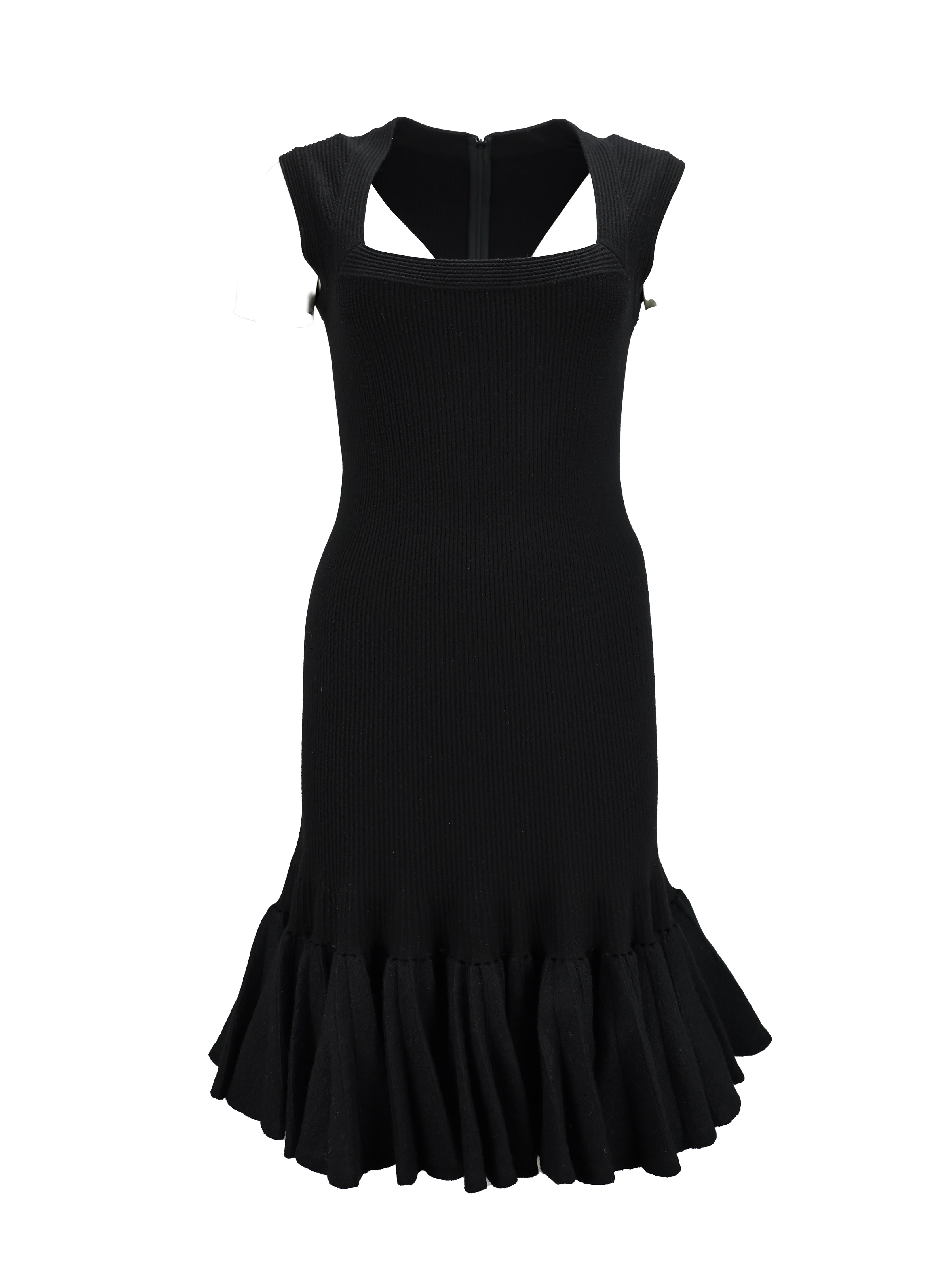 ALAIA BLACK RIBBED WOOL SLEEVELESS PEPLUM DRESS