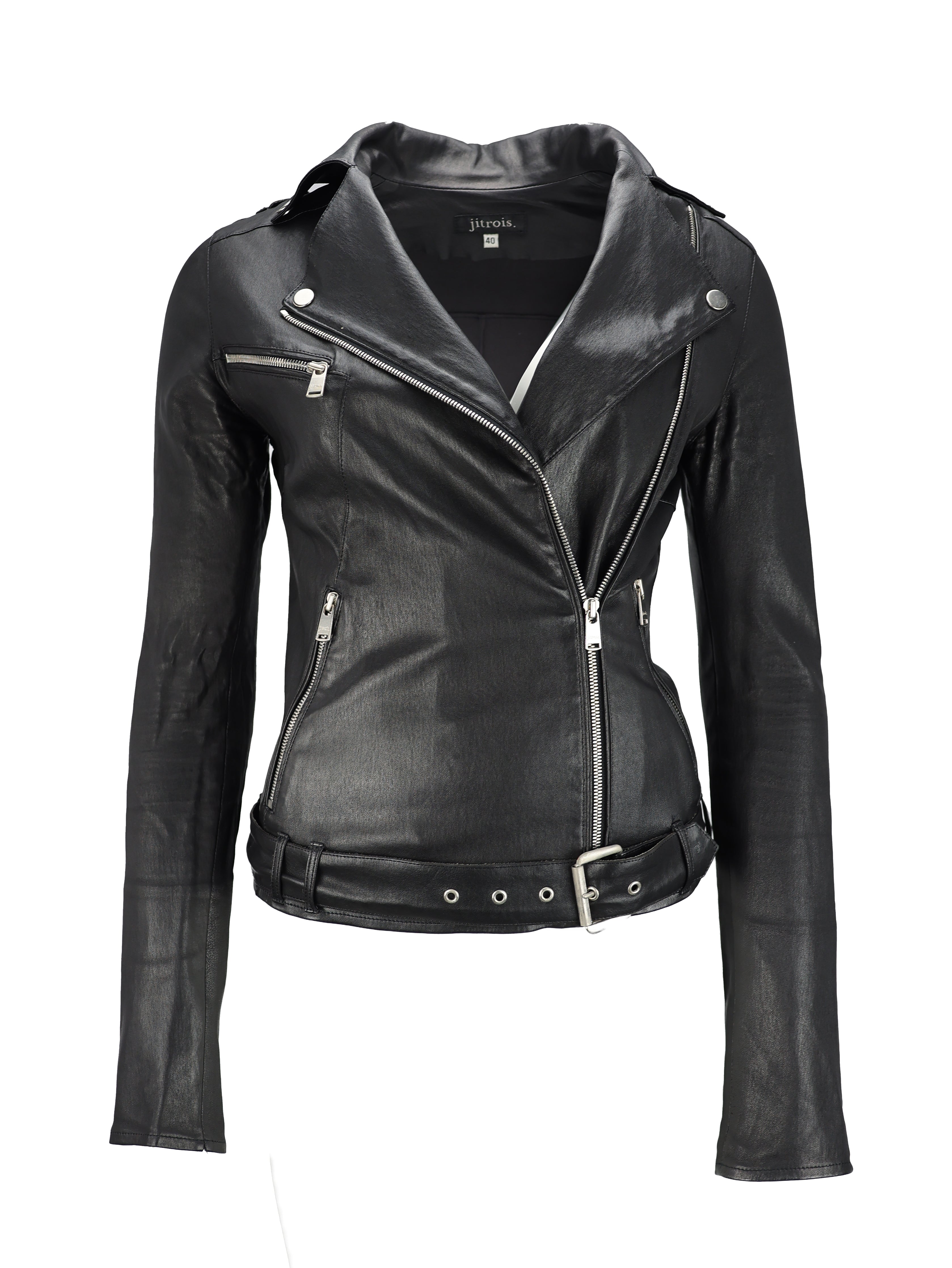 JITROIS BLACK LEATHER LONG SLEEVE BELTED MOTORCYCLE JACKET