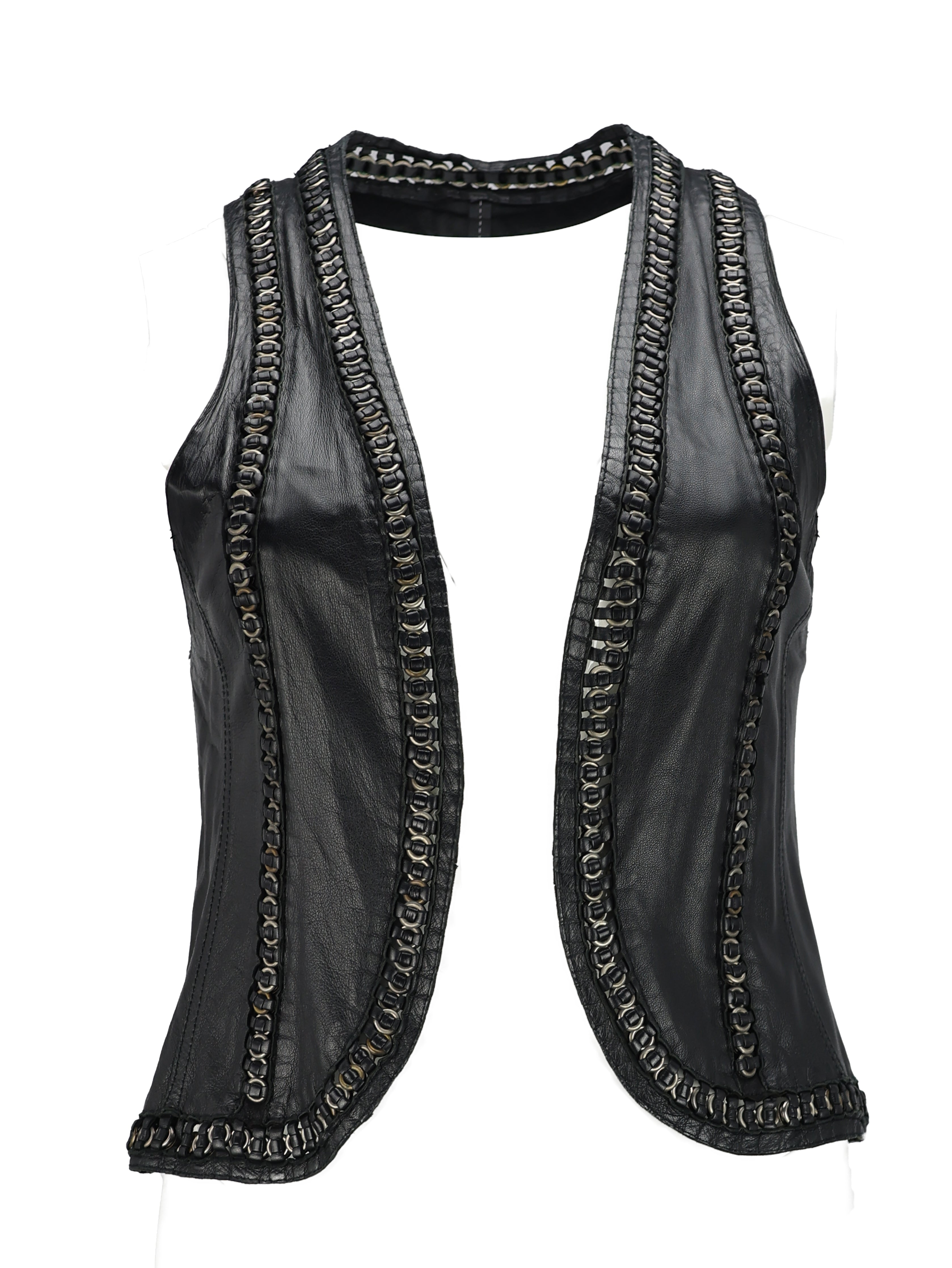 SYLVIE SCHIMMEL BLACK LEATHER SILVER COLOURED HARDWARE SLEEVELESS CARDIGAN